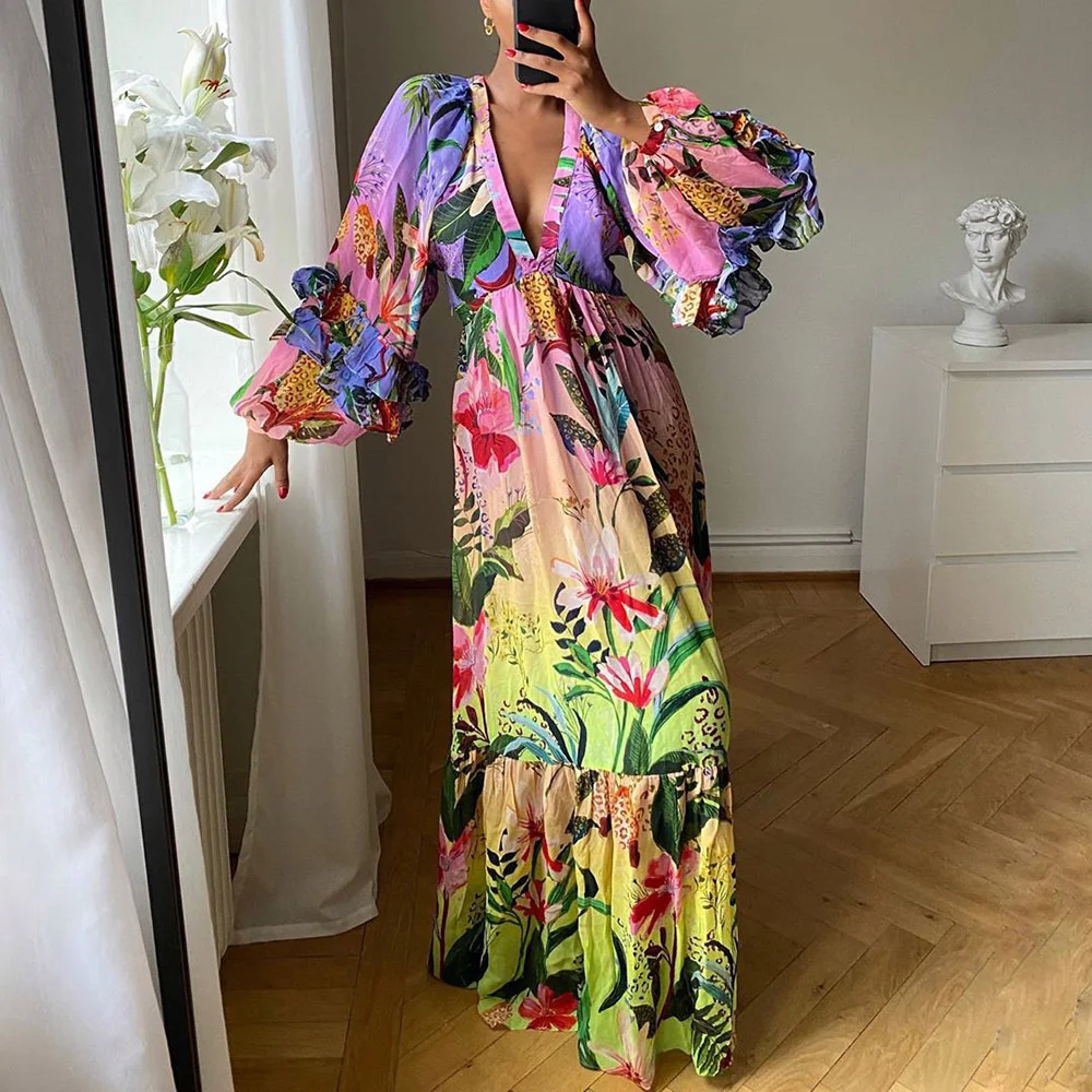 

Gown,2023 Summer New Women's Print Gradient Dress with Ruffled V-neck Sexy Slim Dress vestidos de festa