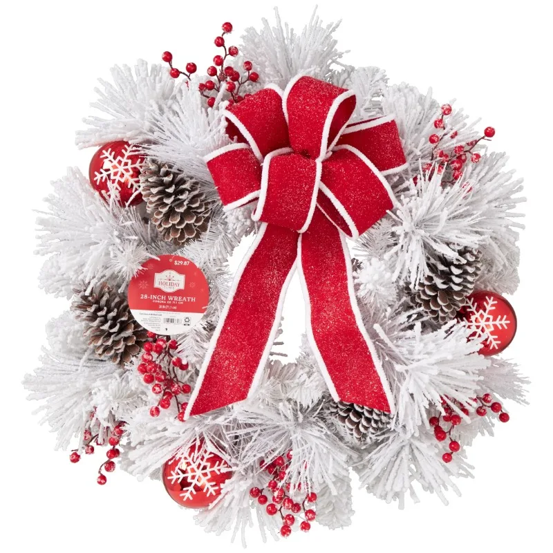 

Christmas Flocked Wreath, 28 in x 28 in, Holiday Time christmas decorations for home