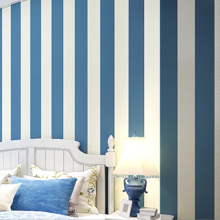 

Environmentally Friendly Mediterranean Non-Woven Pure Paper Wallpaper Dark Blue Black and White Wide Vertical Striped Wallpaper