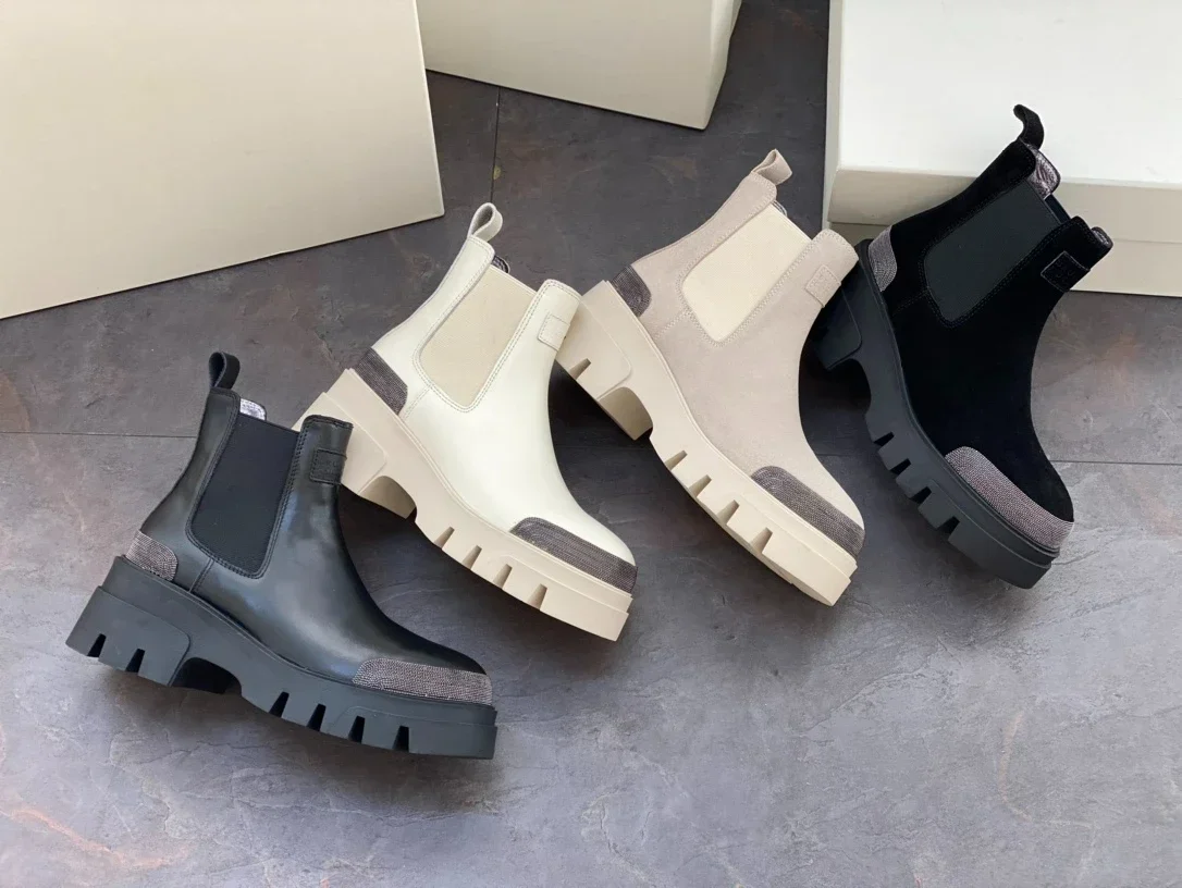 

Женские замшевые ботинки ручной работы, короткие ботинки из воловьей кожи с цепочкой из бисера, Осень-зима