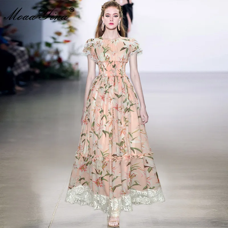 

Fashion Runway Summer Maxi Dress Women's Short sleeve Elastic waist Lace Floral print Boho Vacation Long Dress