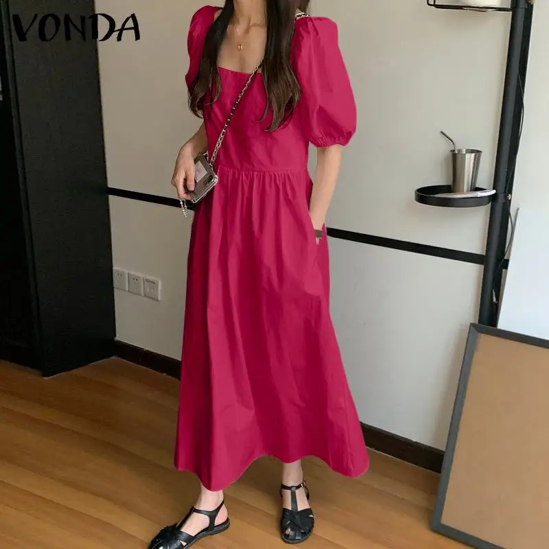 

Women Summer Dress 2022 VONDA Vintage Short Sleeve Solid Color High Waist Maxi Dress Holiday Casual Loose Vestidos Sundress