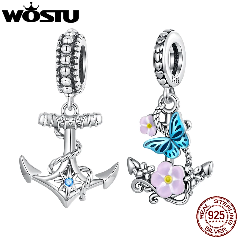 

WOSTU 925 Sterling Flower Ship Boat Anchor Dangle Charms Beads For Jewelry Making Fit Original Bracelet DIY Necklace CQC2401