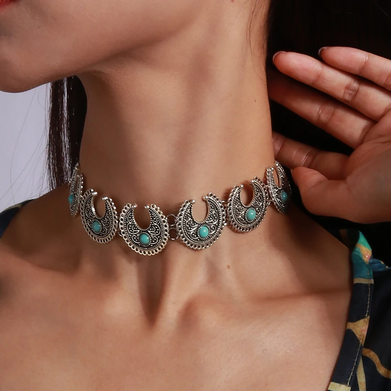 

Bohemian Ethnic Moon Paisley Feather Carved Necklace Vintage Big Bib Statement Necklaces for Women Jewelry Bijoux Collier Femme