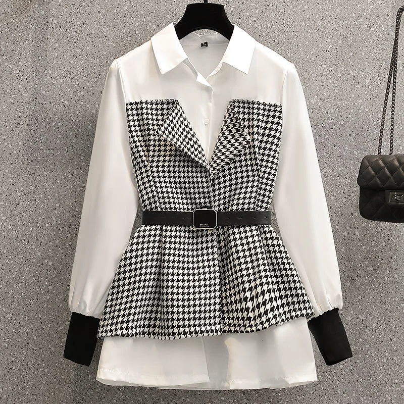 

Spring Autumn Women's Large Size Shirt Korean Plaid Fake Two Piece Patchwork Long-Sleeved Blouse Ladies Casual New Shirts Tops