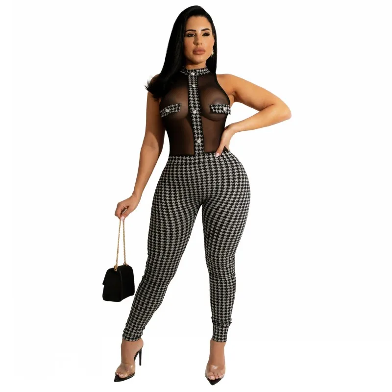 

Pencil Pants Jumpsuit Women Sleeveless High Waist Rompers Summer New Mesh See Through Splice Sexy Club Houndstooth Jumpsuit 2022