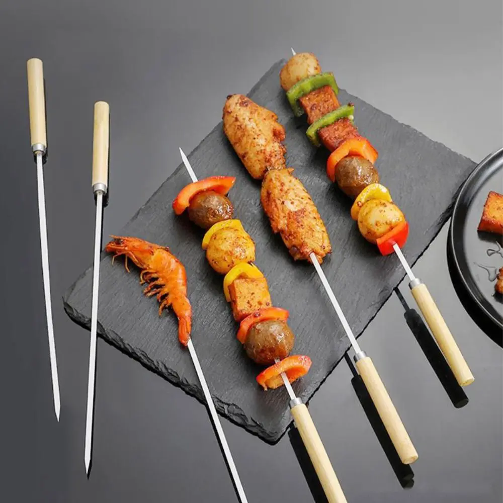 

10Pcs Stainless Steel Flat Barbecue Skewers Wooden Handle Anti-scald Barbecue Needle Stick Outdoor Picnic Camping BBQ Tools
