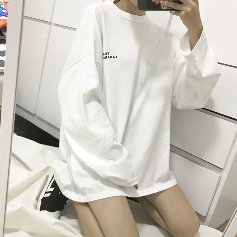 

Women Loose Long-sleeve Chic 2021 Leisure Pullover Female New Spring Simple Hip Hop Streetwear Students Clothing T-shirts Korean