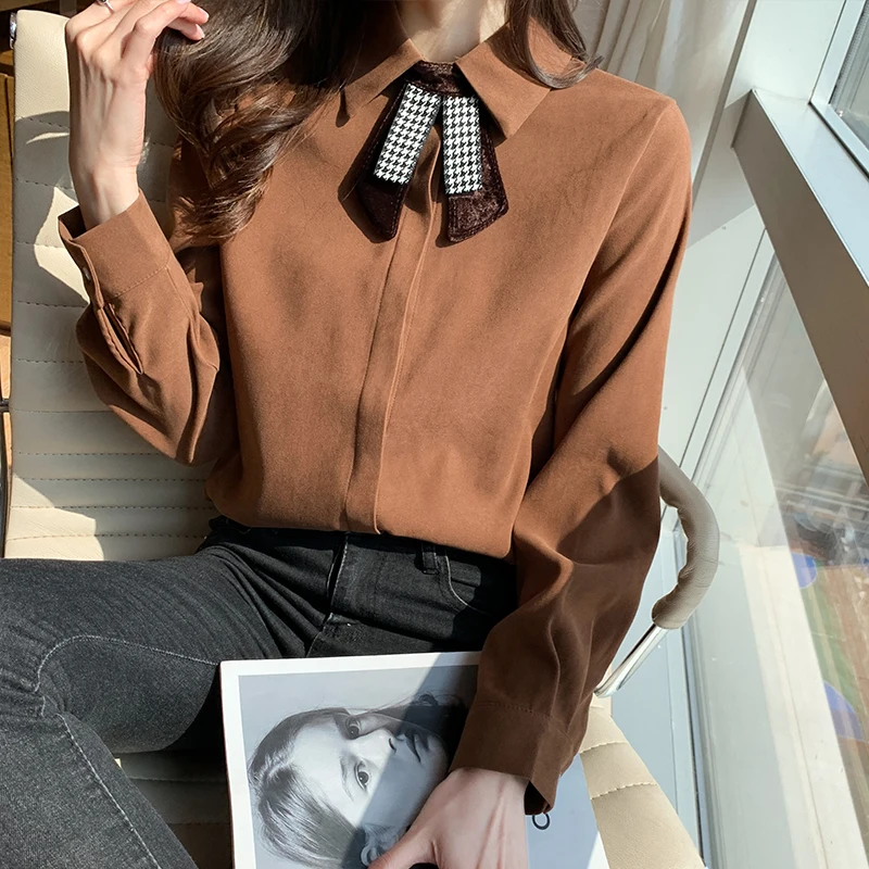 

Женская блузка с длинным рукавом, однотонный кардиган с вышивкой, Повседневная модная Свободная рубашка-поло, новинка на осень