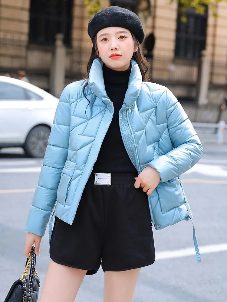 2022 New Korean Style Women Winter Jacket Stand Collar Cotton Padded Warm Thick Shiny Short Ladies Coat Winter Parkas