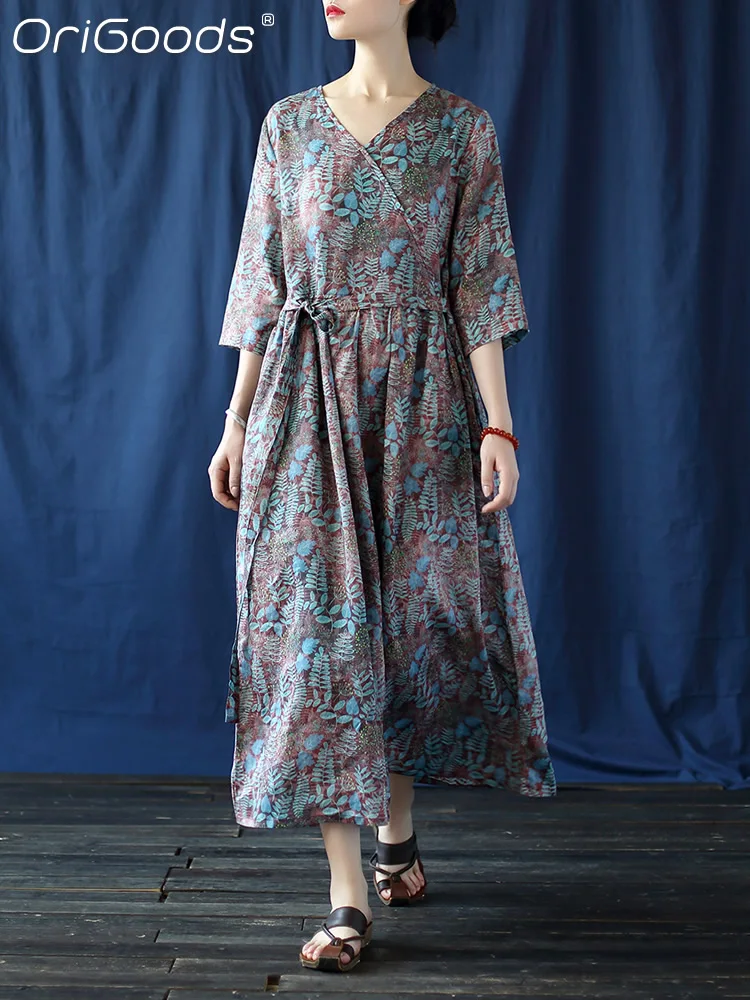 

OriGoods 2022 Summer Dress For Women Ramie Natural Fabric Leaf Print A-line Long Dress Cool Casual Elegant Printed Dress A066