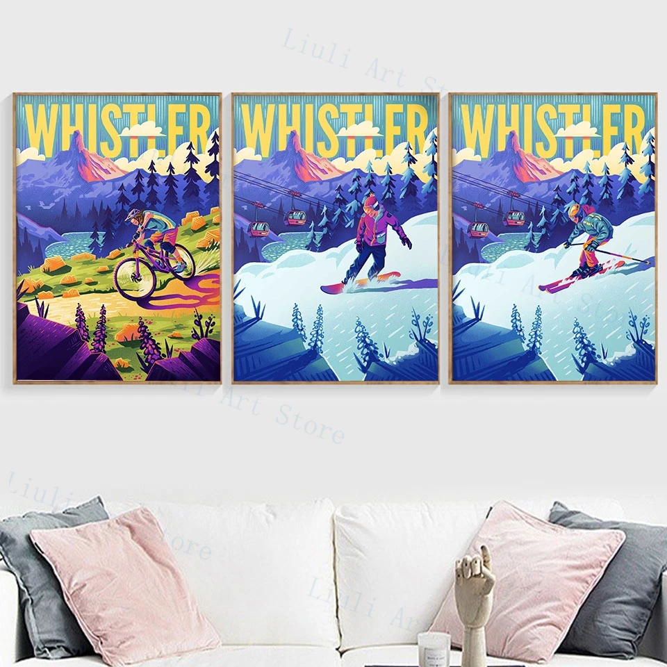 Whistler Ski Art Posters Mountain Bike Prints Canada British Columbia Snow Sports Travel Nordic Canvas Paintings Wall Decor