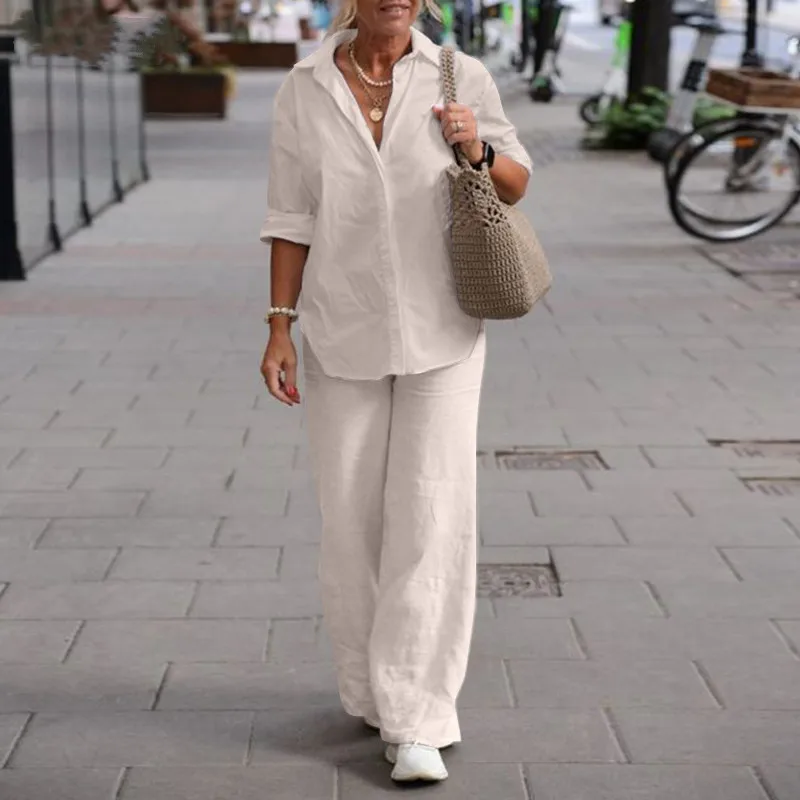 

Spring Autumn Casual Two Piece Sets 2023 Women's Turn-down Neck Button Long Sleeve Shirt Top And Loose Wide Leg Pant Set Female