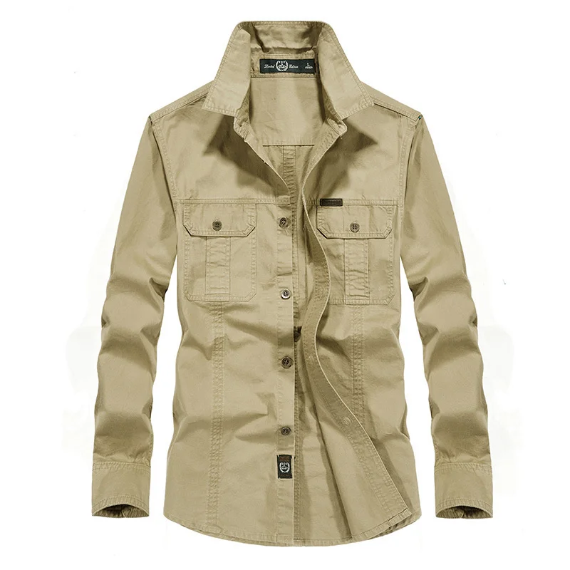 

Autumn Long Spring Sleeve Men Casual Solid Color Turn Down Collar 100% Cotton Mens s Button Up Military top Shirt