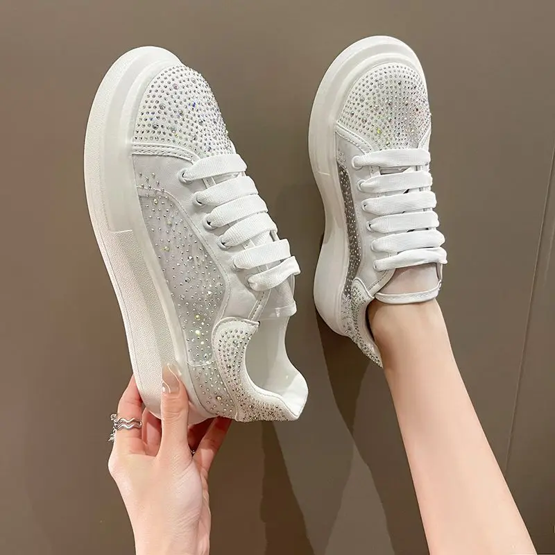 

Women thick sole sneakers skateboard shoes rhinestones white platform sneakers women heels summer breathable shoes female