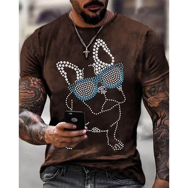 

Fashion Men's Clothing High Quality Oversized Tee y2k Dog Rhinestone Designer Short Sleeve Tops Biker Casual Street T-Shirts New