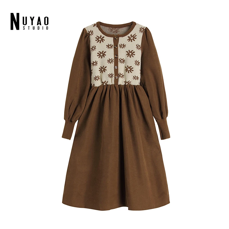 

Женское винтажное трикотажное платье, элегантное французское романтическое Повседневное платье на пуговицах с жемчугом, круглым вырезом, ...