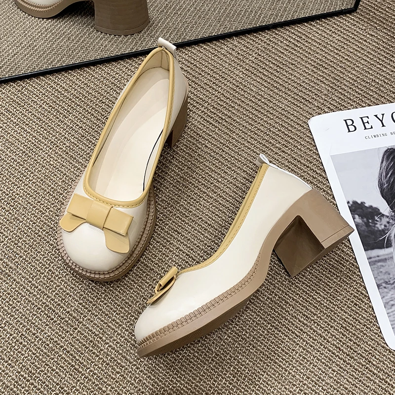 Sweet Bow High Heels Women Autumn Fashion Elegant Mary Jane Shoes Outdoor Walking Lady Loafers Party Pumps Zapatos Vestir Mujer