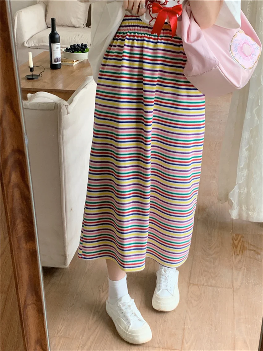 

PLAMTEE Casual Rainbow Stripes Skirts Women OL Loose Office Lady Summer 2023 New Sweet Girls Streetwear Split All Match Daily