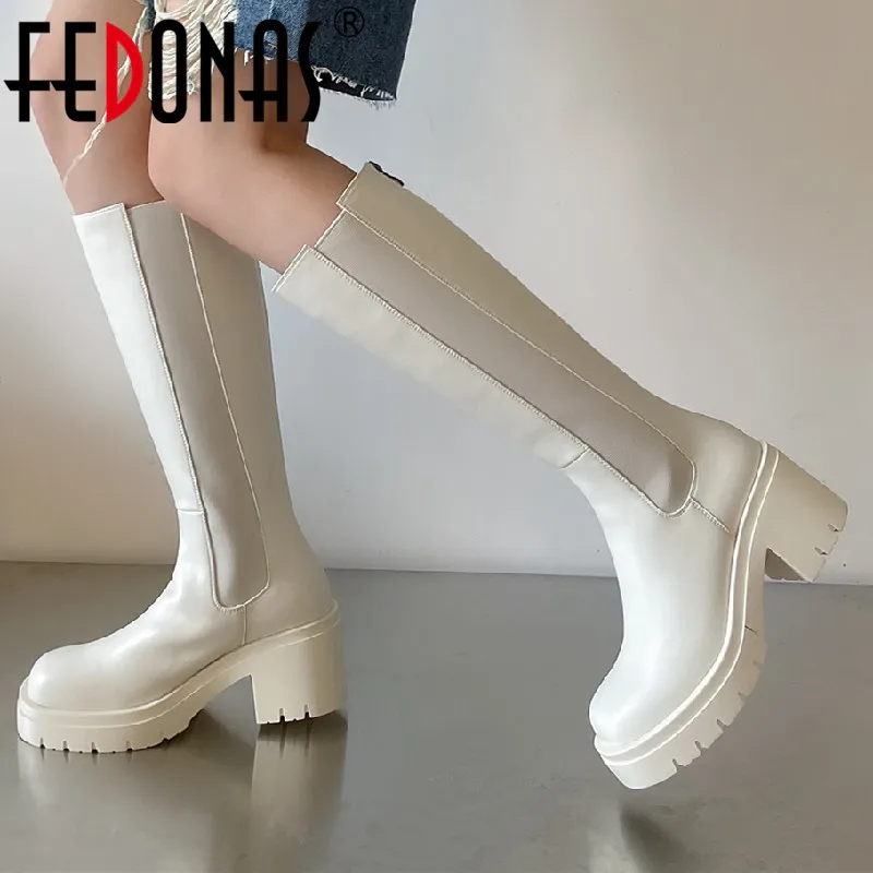 

FEDONAS Women Knee High Boots Quality Genuine Leather Thick Heels Platform Outdoor Casual Shoes Woman Autumn Winter Long Boots