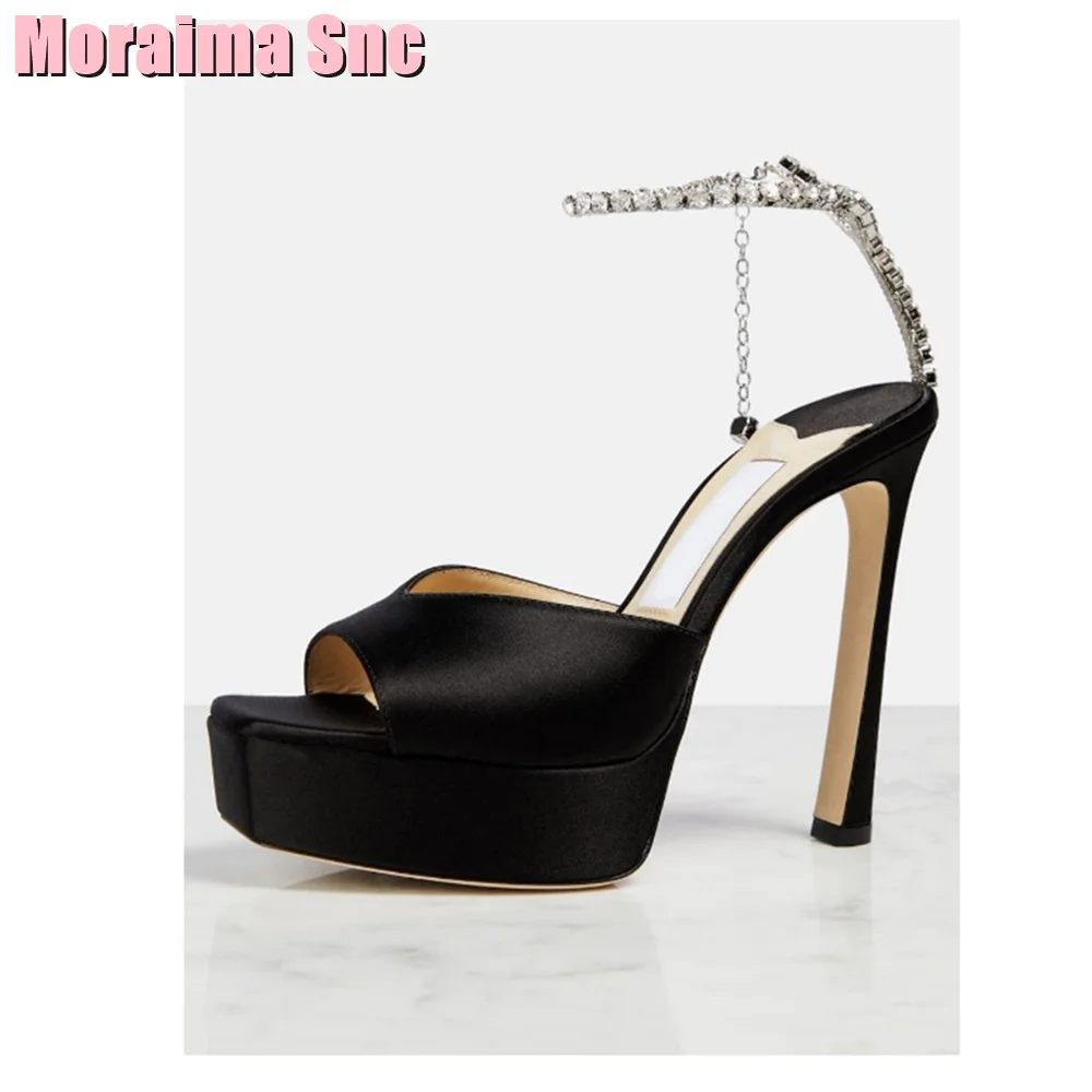 Platform Square Toe Crystal Sandals Metal Chain Stiletto High Heel Satin Material Golden Solid Sexy Women Wedding Shoes Summer