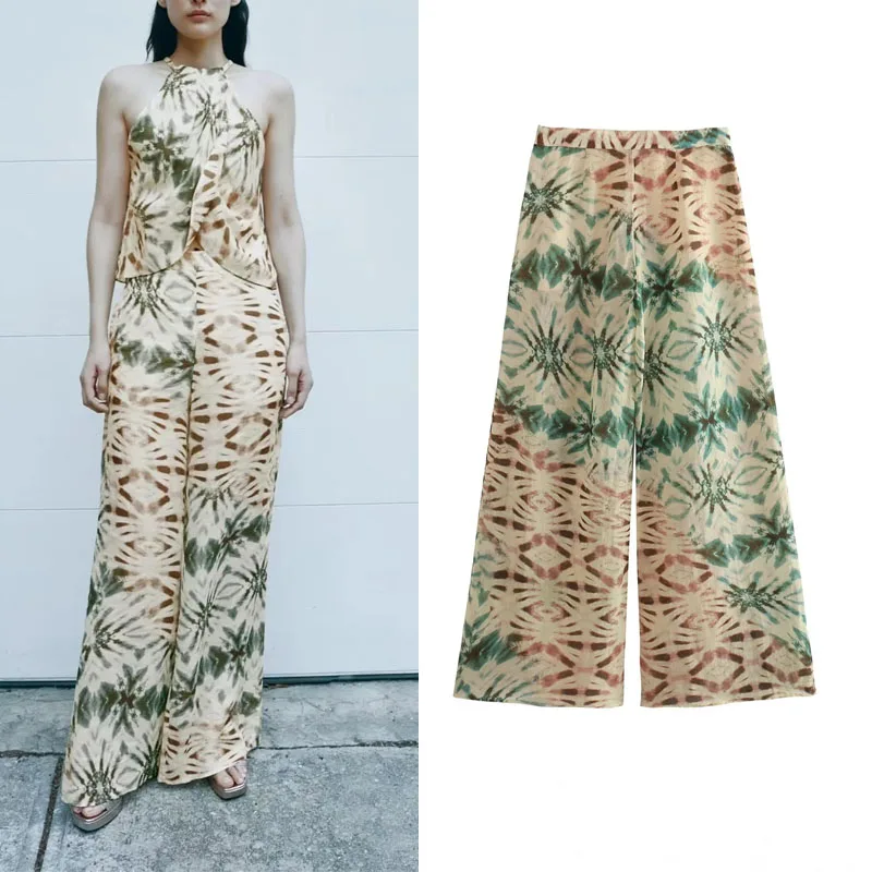 

TRAF Ladies Print Summer Pants Wide Leg High Waist Pant For Women 2023 New Wide Fluid Pant Woman Casual Beach Holiday Style Sets