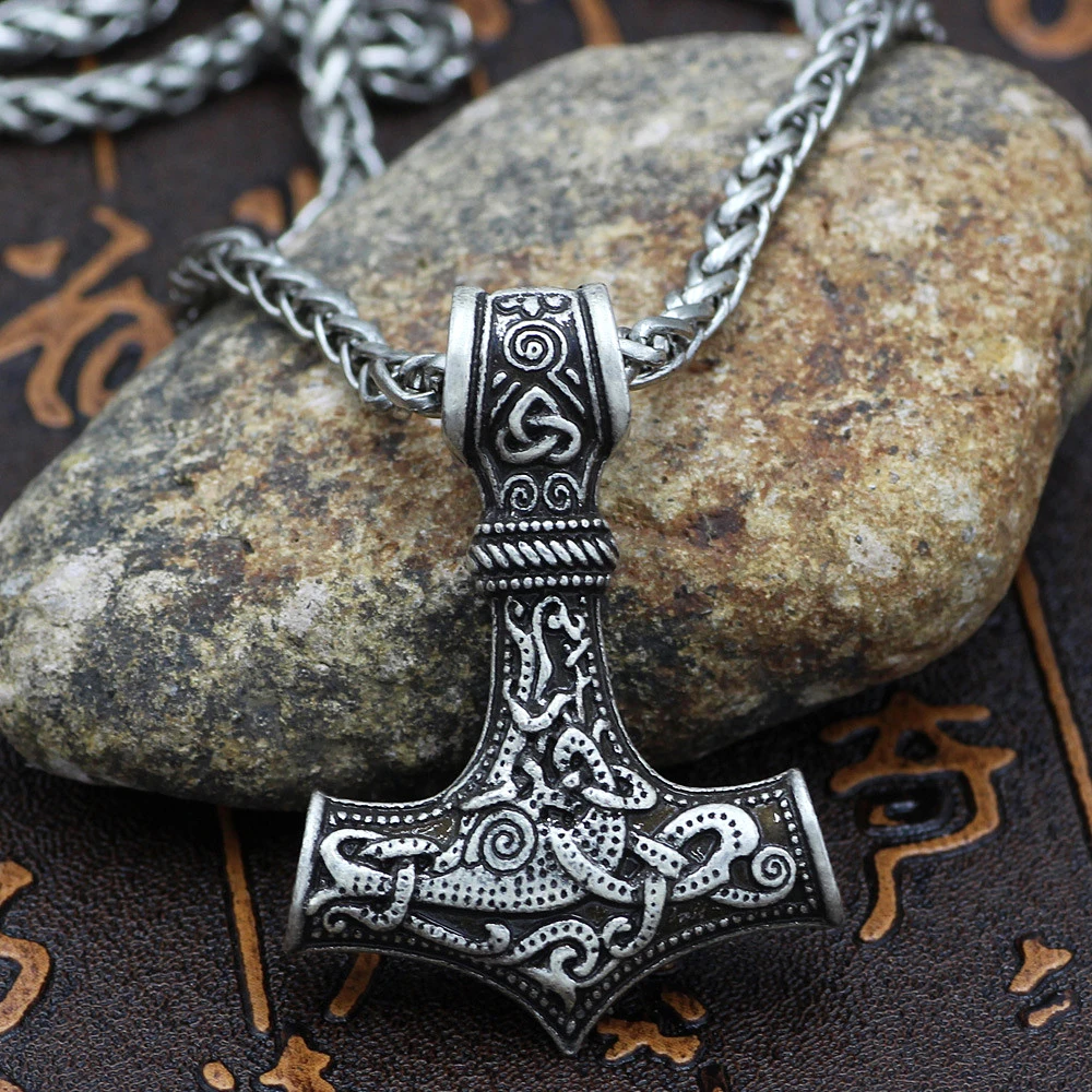 Viking Stainless Steel Thor's Hammer Pendant Necklace Vintage Nordic Street Odin Rune Necklace Mens Chain Biker Jewelry