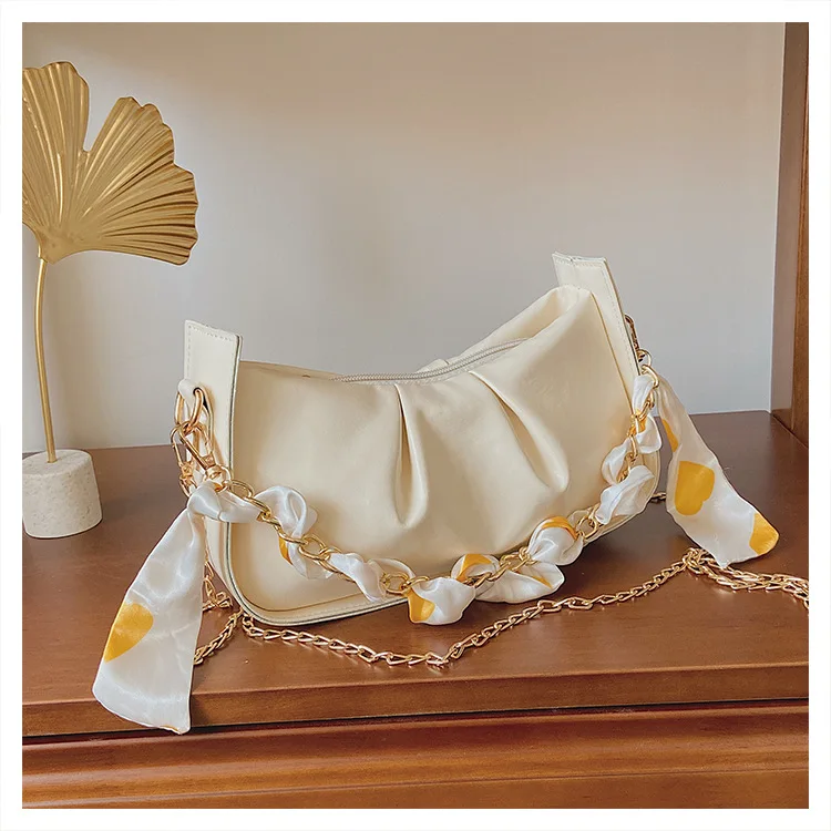 

Fashion Cloud Ruched Handbag for Women, Metal Chain Ribbon Decoration Shoulder Bag Elegant PU Leather Crossbody Bag