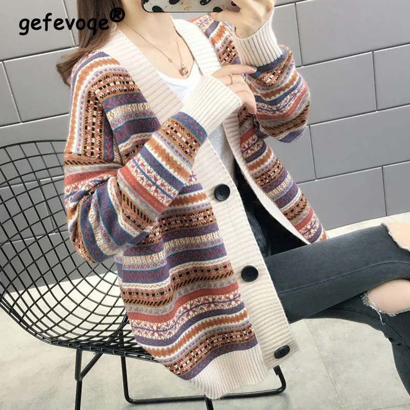 

Vintage Striped Fashion Knitted Cardigan Sweater Women Autumn Winter Long Sleeve Loose Single Breasted Top Coat Female Clothing