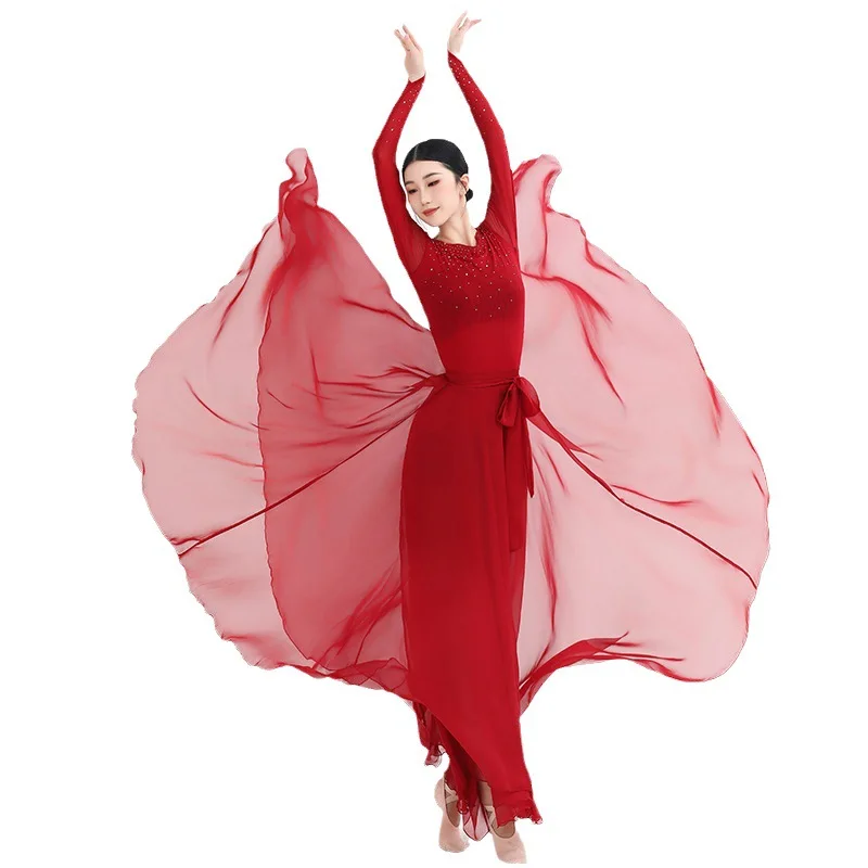 

Женское танцевальное платье, красное сценическое платье с длинным рукавом и юбкой-качели, Одежда для танцев