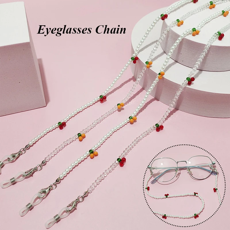 

Fashion Crystal Cherry Glasses Chain Cute Transparent Beads Pearl Chain For Glasses Neck Straps Sunglasses Lanyard Women Jewelry