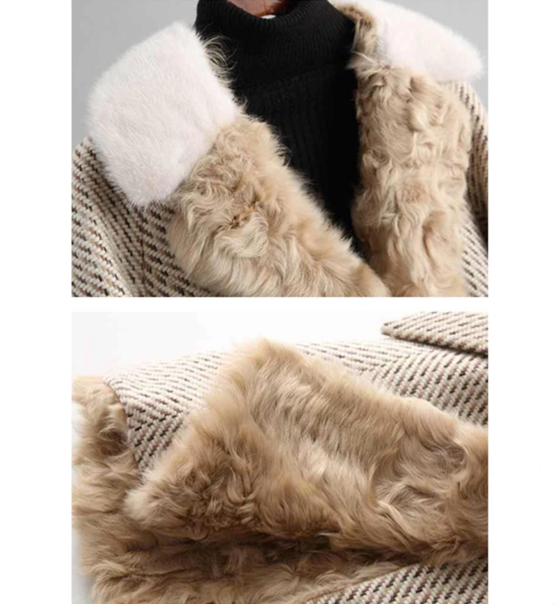 New Winter Tweed Wool Real Fur Coat Women High Quality Thick Warm Mink Fur Lace Up Medium Long Jacket Famale Clothing Parkas Top