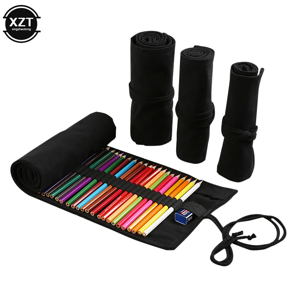 

Black Canvas Roll Pen Bag Sketch Color Pencil 12/24/36/48/72 Holes Up Makeup For Girls Boys Handmade Stationery