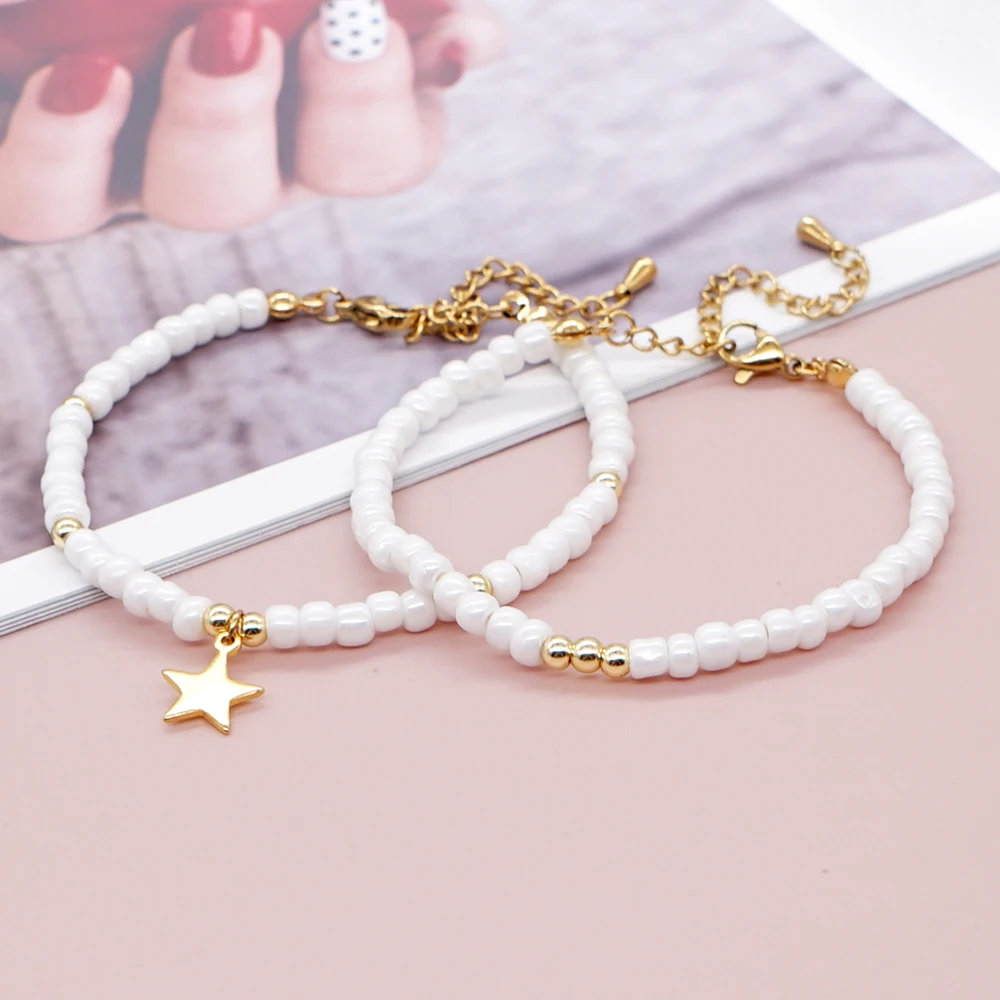

Miyuki Star Bracelet Ins Fashion Jewelry Gold Plated Stainless Steel Chains Charm White Seed Beaded Bracelets for Women Gift