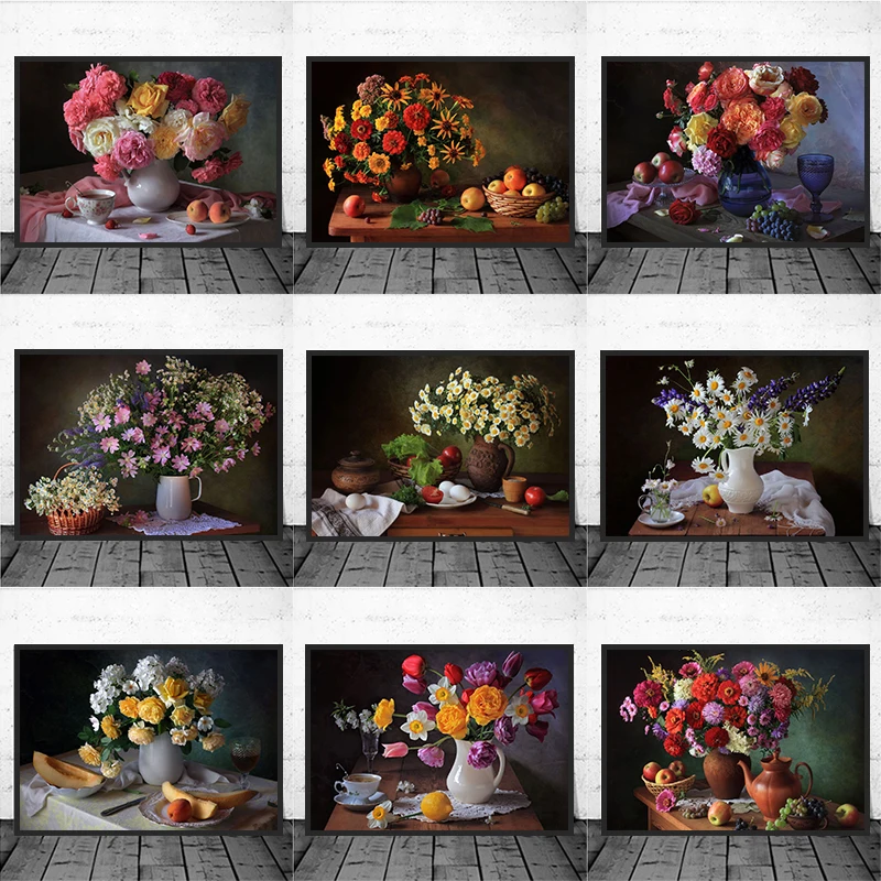 

Classic European Still Life Posters and Prints Vintage Wall Art Canvas Painting Flowers In Glass Vase Wall Pictures Decor Cuadro