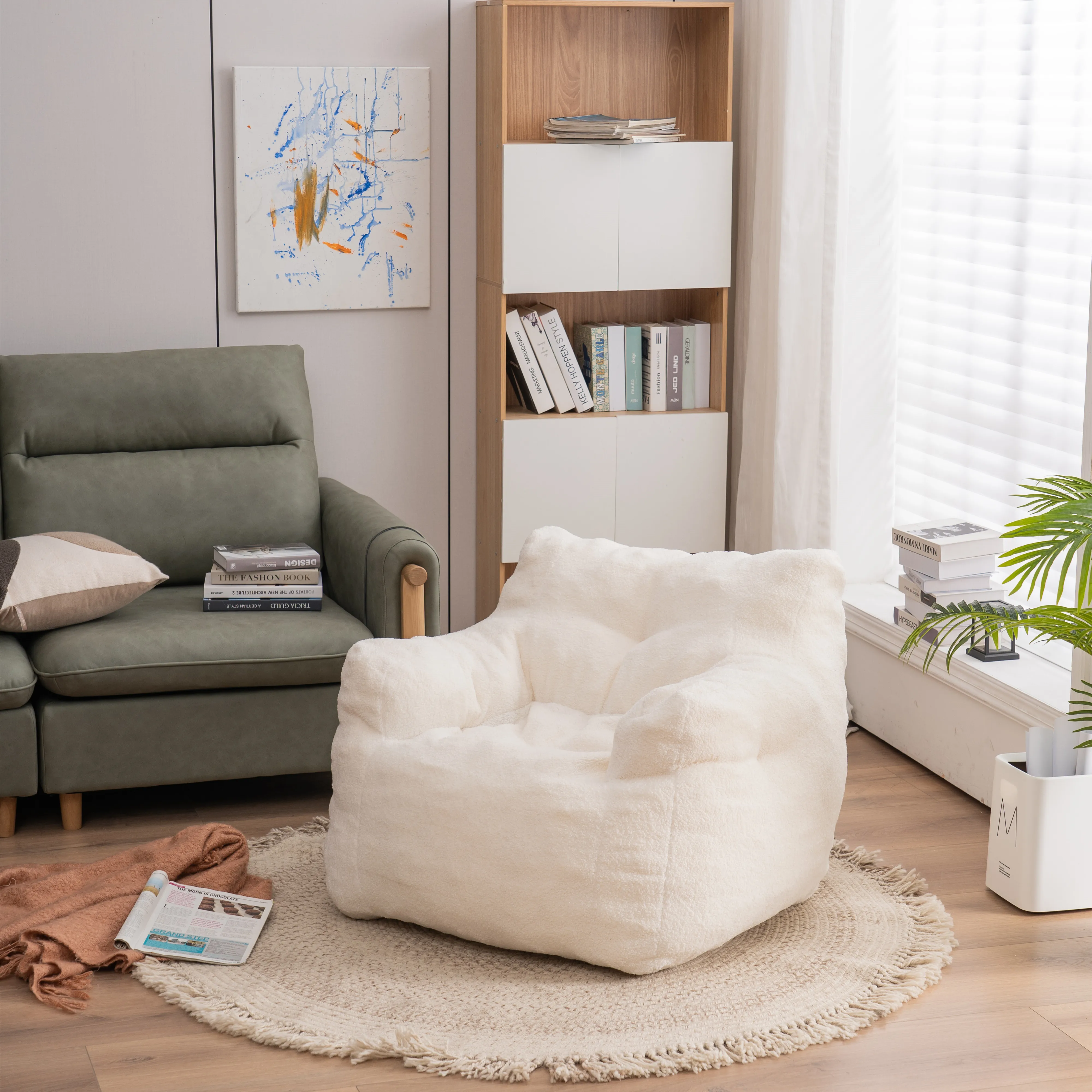 

Reading Soft Tufted Foam Bean Bag Single Sofa With Teddy Fabric Ivory Lazy Sofa Cute Little Couch Tatami Puff Armchair