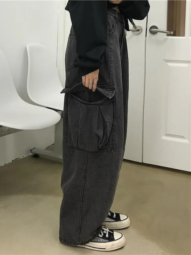 QWEEK Grunge Streetwear Gray Baggy Jeans Women Korean Fashion Oversized Pockets Cargo Denim Pants Hip Hop Wide Leg Trousers images - 6