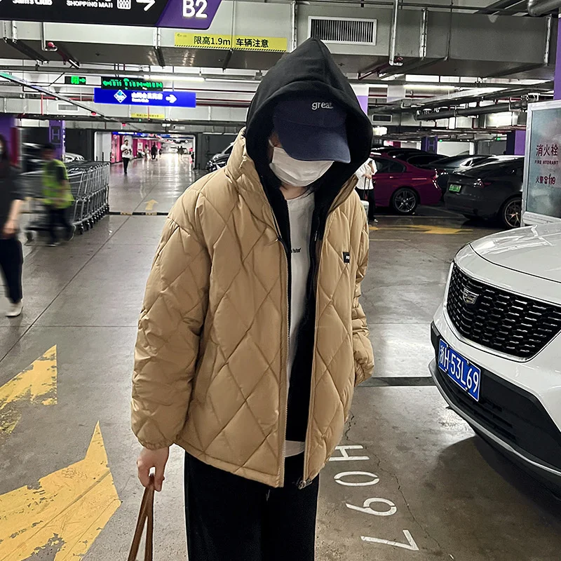 Rhombus Pattern Spliced Hooded Parkas Short Women Jacket Winter Coat Cotton Padded Female Baseball Puffer Jacket Clothes