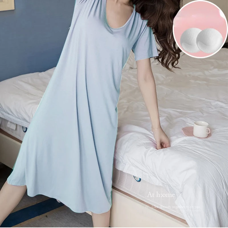 Women's Pajamas with Chest Pads Short Sleeve Robe Sexy Korean Retro Dress with Thin Chest Pads Thin Solid Color Pajamas Za New
