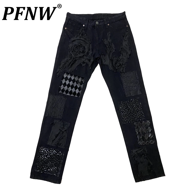 

PFNW Autumn Men's Darkwear Multi-element Patch Denim Trousers Casual Straight High Street Print Y2K Design Sports Jeans 12Z1891