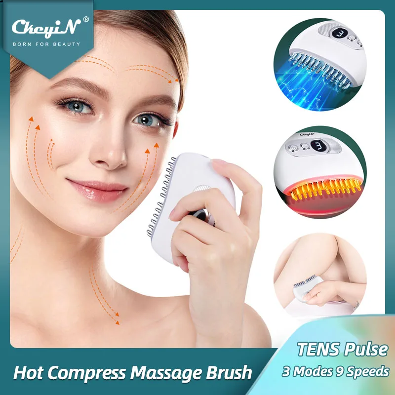 

CkeyiN Electric Vibration Massage Brush Hot Compress Facial Lifting Massager EMS Pulse Anti Age Face Guasha Board Meridian Comb