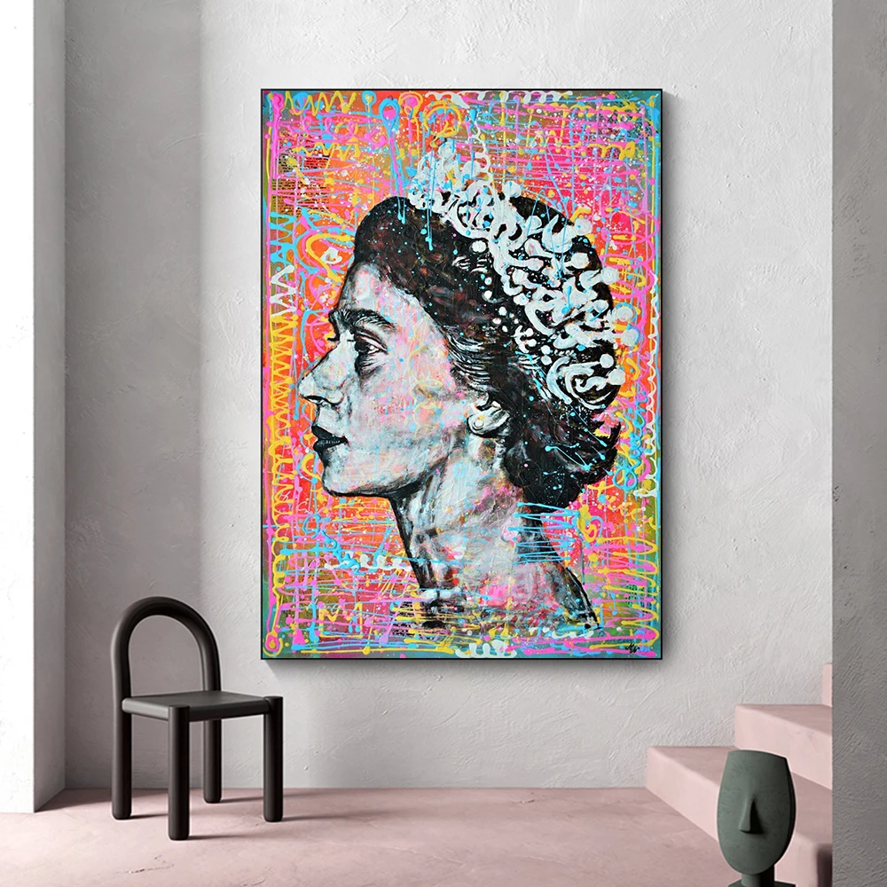 

Graffiti Queen Elizabeth II Street Art Painting Print On Canvas Abstract Queen of England Poster Fashion Wall Picture Room Decor