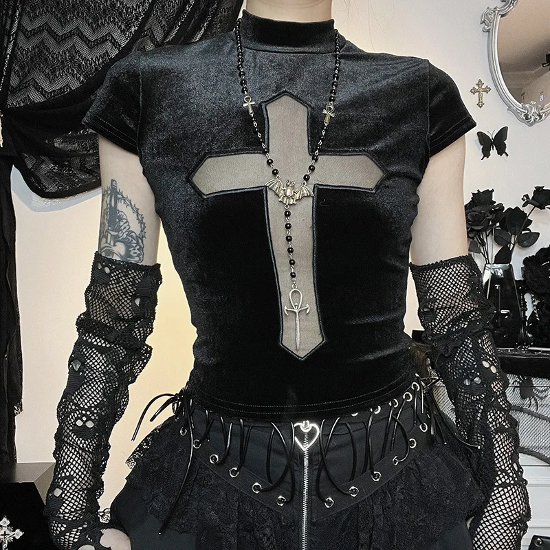 

Y2k Grunge Crop Top Women Summer Vintage Velvet T-Shirt Black Sexy Mesh Patchwork Short Sleeve Cropped Tee Shirt Streetwear
