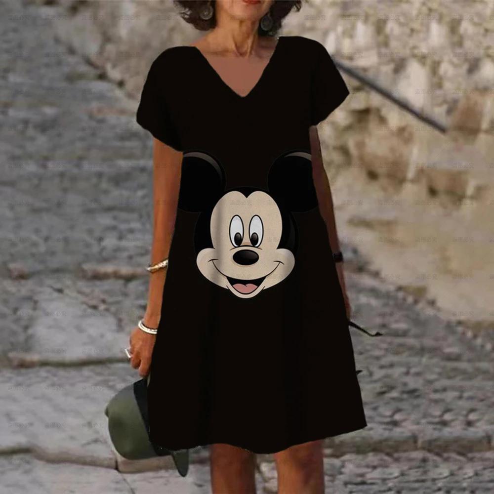Summer Women's Elegant Disney Minnie Mickey Mouse 3D Printed Dress V Neck Short Sleeves Dress Casual Female Boho Loose Dress images - 6
