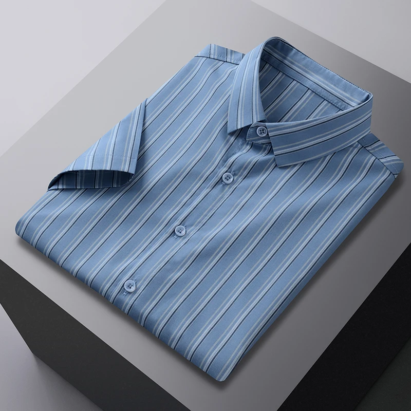 

Men's Shirt Casual Striped Classic Soft Business Lapel Top Grade Summer Fashion Short Sleeve New Korean High End Slim Fit Cool