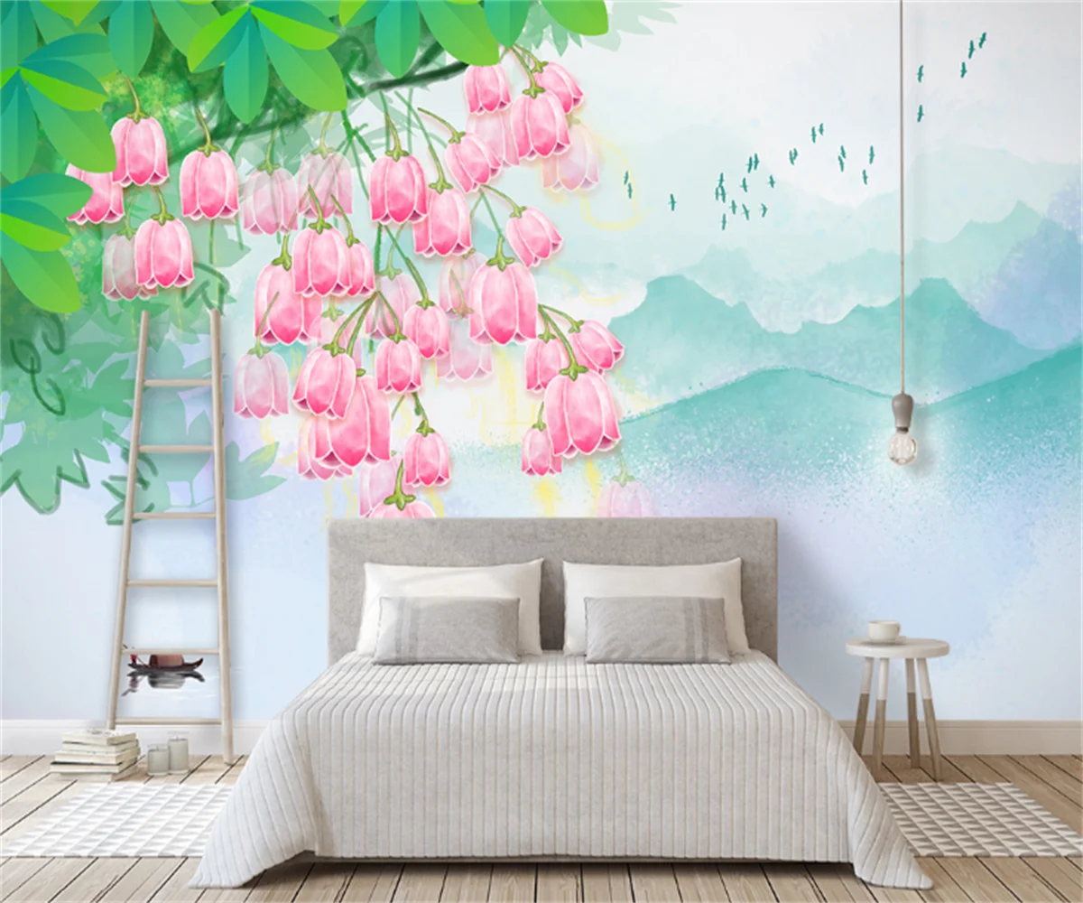 

Customize any size 3D wallpaper wall painting elegant flowers, green plants, landscapes and birds simple background wall paper