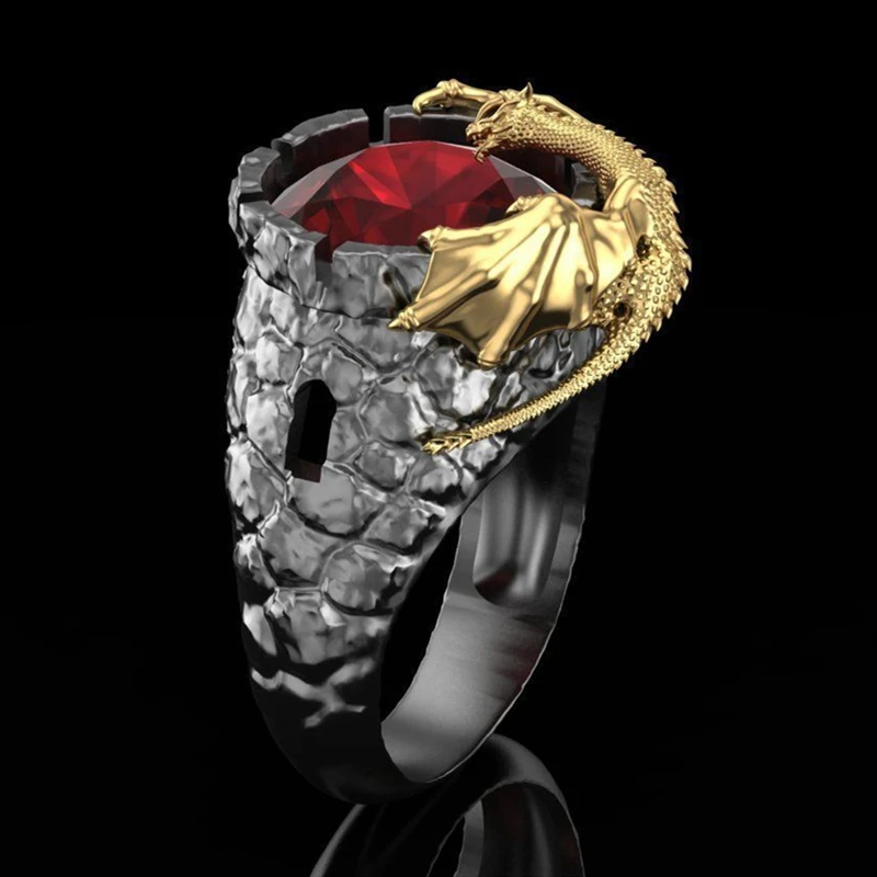 

Punk Style Personality Domineering Men's Ring Golden Dragon Guarding Natural Red Crystal Jewelry Men's Banquet Party Band Ring