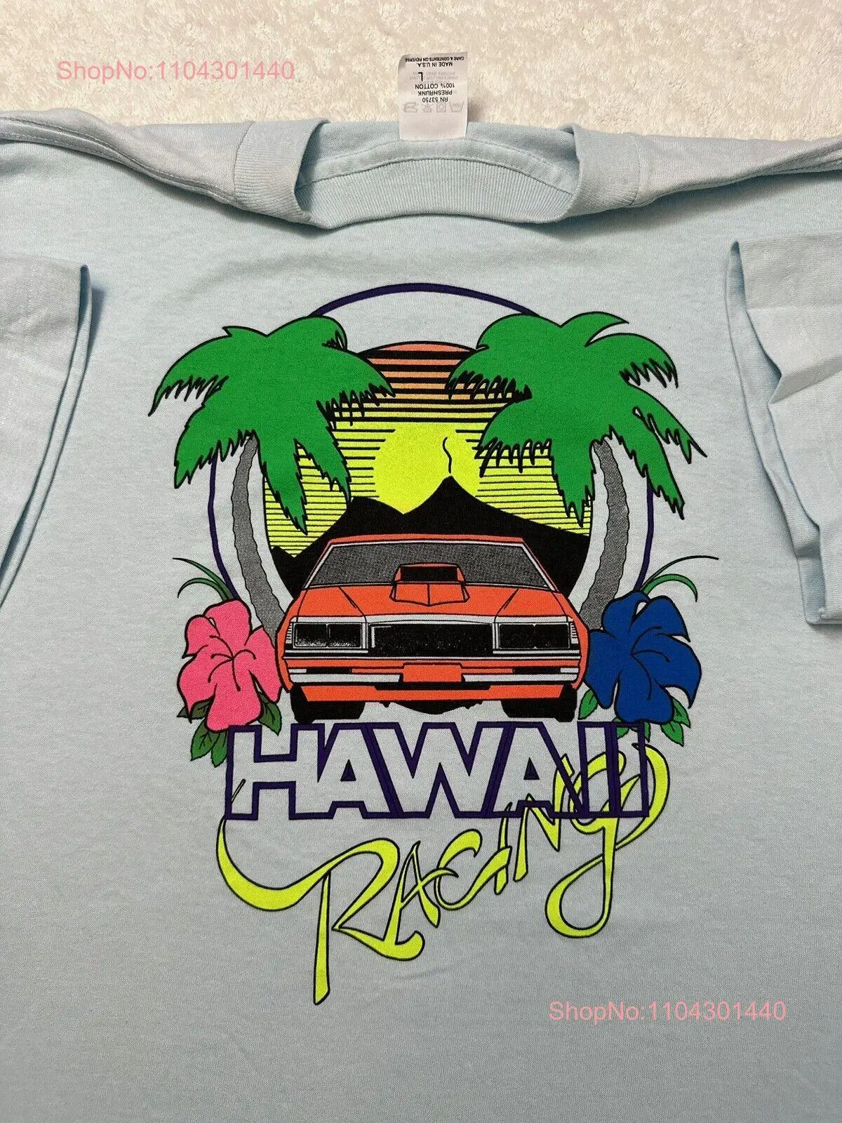 Винтажная футболка 1980-х 80-х годов Hawaii Racing Retro Race Car Roadster Neon Surf L НОВАЯ с длинными или
