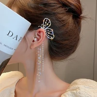 sweet crystal butterfly clip on earring pearl bead ear cuff long tassel charm hollow earrings for women clip jewelry gifts