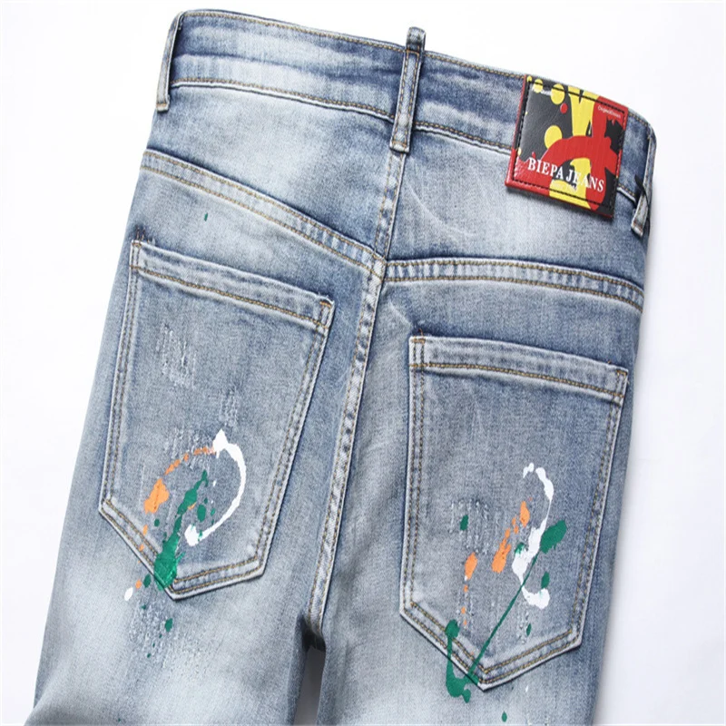 Mens Clothing Designer Straight Oversize Slim Fit Streetwear Casual Man Trousers Pencil Pants Ripped Brushed Denim Skinny Jeans